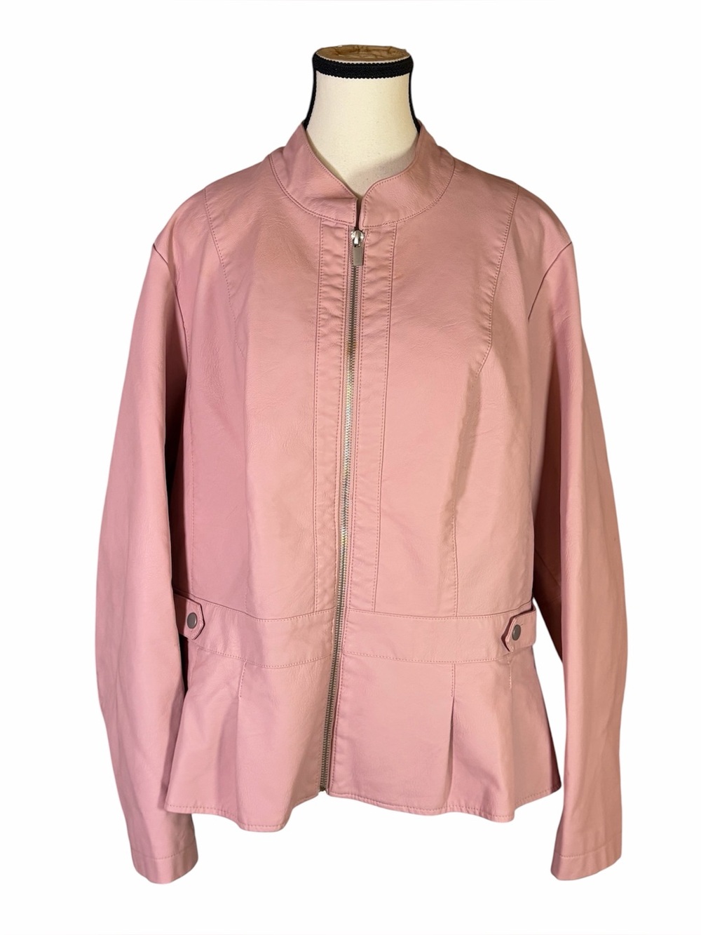 Baccini Blush Pink Faux Leather Peplum Jacket Mandarin Collar Moto Coat Size 2X